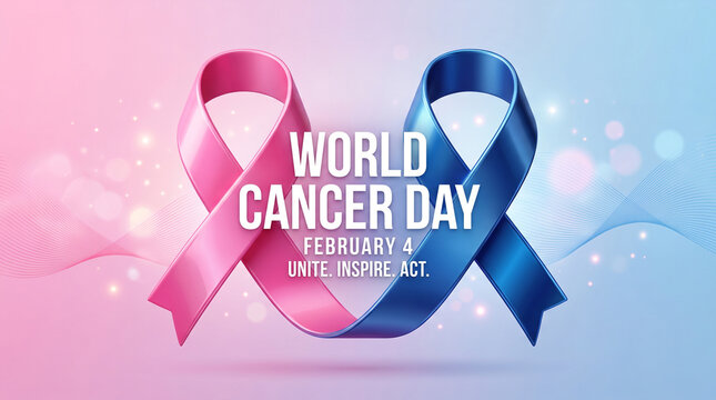 World cancer day concept with pink and blue awareness ribbons on a soft gradient background, symbolizing unity, inspiration, and action