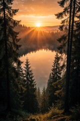 Obraz premium Golden sunrise over calm lake surrounded by pine forest. Morning mist floats above water surface between tall spruce trees. Sun rays shine through branches in mountain landscape. Peaceful autumn