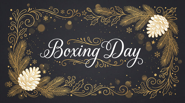Boxing day greeting card with elegant golden pine cones and fir branches on a dark background, festive holiday design with decorative swirls