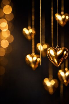 Shiny gold heart ornaments hanging on strings with warm bokeh lights for romantic valentine background and festive decoration