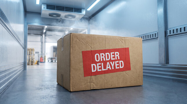 Order delayed package inside refrigerated delivery truck, cold chain logistics and shipping disruption concept