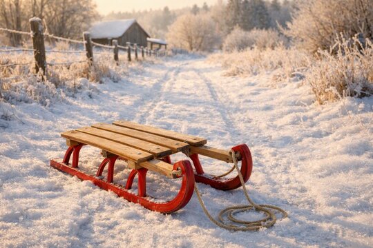 Vintage wooden sled on a snowy country path with farmhouse and frosted trees for winter holiday banner and seasonal background