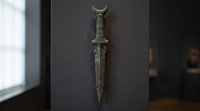 Ancient bronze trident spearhead mounted on dark textured fabric against a softly lit indoor background with window light