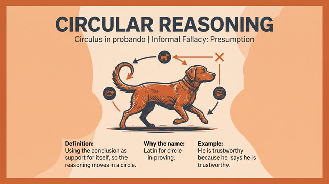 Illustration of Circular Reasoning concept featuring a brown dog walking amidst arrows on an orange background, symbolizing logical fallacy proof.