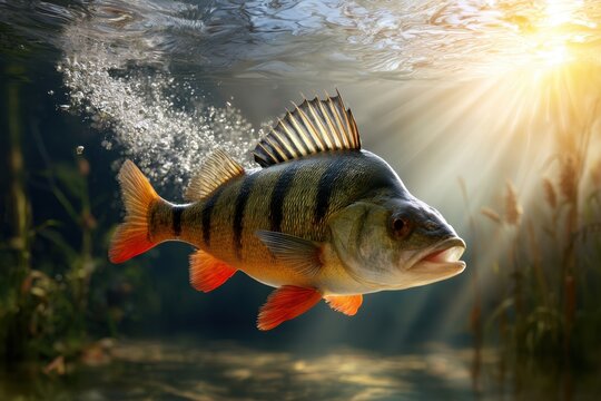 Vibrant perch fish swimming underwater with sunlight rays breaking through the water surface and aquatic plants in serene freshwater habitat