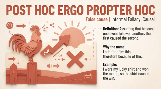 Infographic illustration of Post Hoc Ergo Propter Hoc fallacy concept featuring a rooster silhouette against a rising sun graphic on a wooden plank background