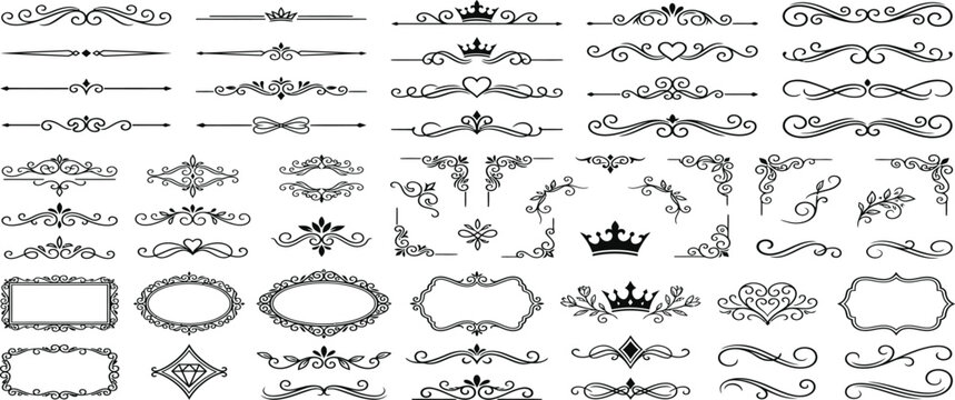 Elegant gold wedding ornament vector set featuring luxury calligraphic swirls filigree borders vintage text dividers botanical leaves wreaths and decorative flourishes.