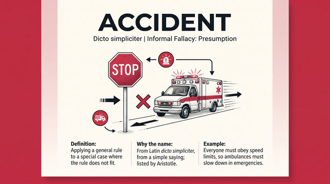 Infographic diagram illustrating the logical fallacy of accident, featuring a red stop sign, ambulance vehicle, and text explaining its definition and application.