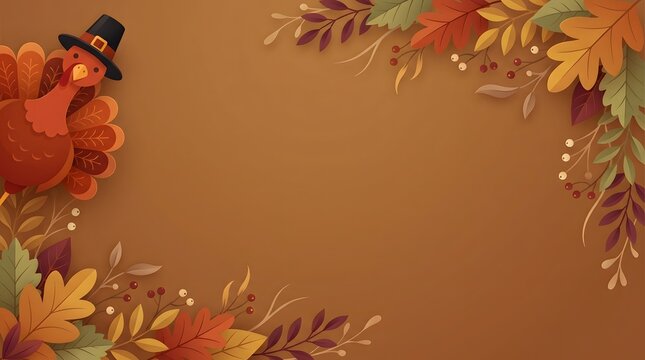 Thanksgiving background with a cute turkey and colorful autumn fall leaves