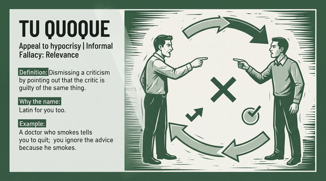 Illustration of Tu Quoque fallacy concept showing two businessmen gesturing towards each other amidst circular arrows symbolizing hypocrisy and relevance