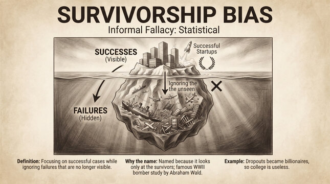 Diagram illustrating survivorship bias concept showing successful startups rising above water while hidden failures sink beneath in a vintage parchment style