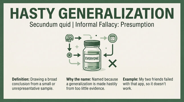 Infographic diagram illustrating hasty generalization fallacy concept with icons, text labels, and arrows on a clean white background