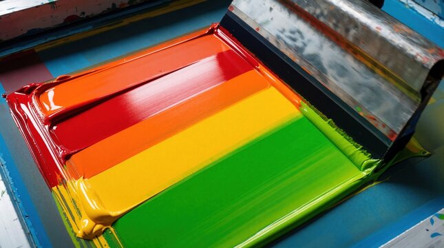Artist uses metal squeegee to spread thick acrylic ink on mesh screen. Bright rainbow colors like red, orange, yellow, green create striped pattern. Manual screen printing process in pro workshop