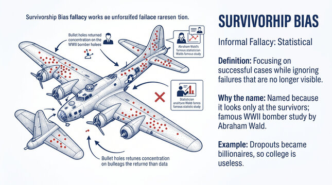 Infographic illustration of Survivorship Bias fallacy showing bullet holes concentrated on WWII bomber fuselage with text explaining the concept
