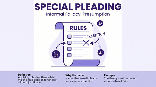 Infographic illustration of Special Pleading concept showing rules checklist against an exception mark on a vertical scroll document