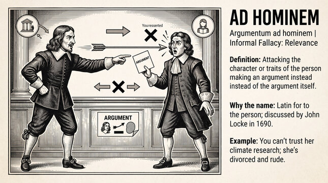 Vintage engraving illustration of Ad Hominem fallacy argument featuring two men debating in an interior setting with arrows indicating logical flow and text labels.