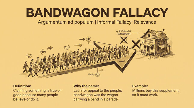 Infographic illustration depicting the bandwagon fallacy argument ad populum, showing a crowd of people following a wagon toward a questionable conclusion near a rustic house