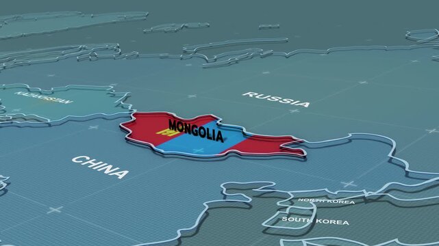 A stylized 3D political map highlighting Mongolia, Mongolia flag,