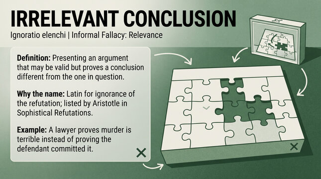 Infographic diagram illustrating the Irrelevant Conclusion fallacy concept using interlocking puzzle pieces on a dark green background with white text