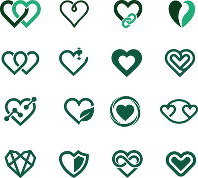 Heart Icon Set Featuring Diverse Love Symbols and Romantic Shapes in Minimalist Green Vector Style 