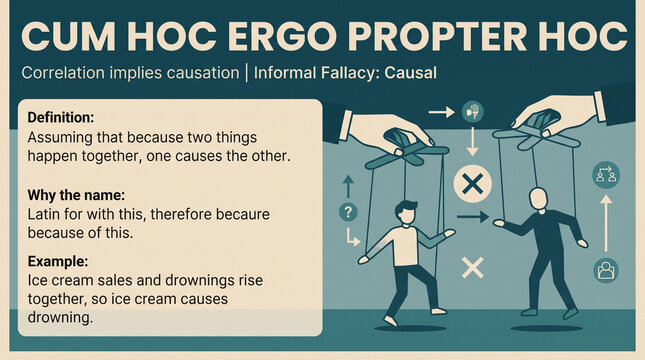 Infographic diagram illustrating the fallacy of cum hoc ergo propter hoc, showing causal relationship between two figures under connecting lines