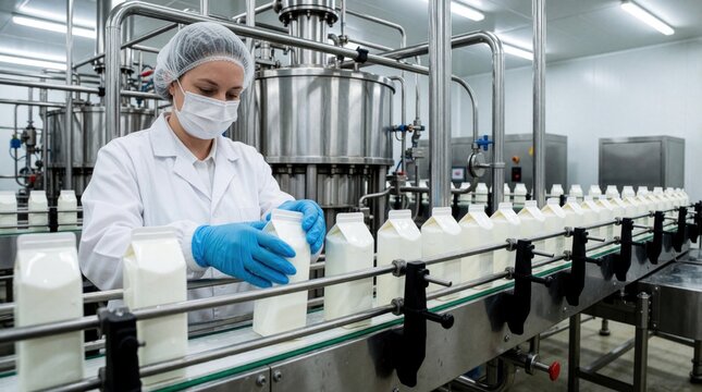 Female food industry worker wearing mask hairnet, blue gloves inspects milk cartons on conveyor belt. Pro employee performs quality control at dairy production plant. Woman checks packaging during