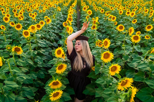 A beautiful young blonde woman posing elegantly in a vibrant field of blooming sunflowers. A dark brown mini dress featuring a charming tie-front neckline and modern structured brown pillbox hat.