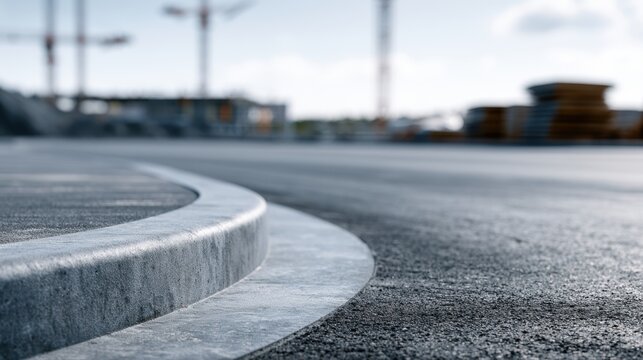 Low angle view of freshly paved curved asphalt road with smooth concrete curb and blurred construction cranes and materials in background under daylight sky