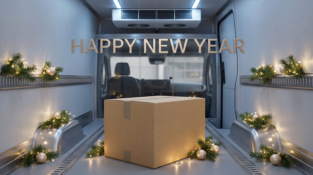 Happy New Year greeting from delivery service with package inside refrigerated delivery truck