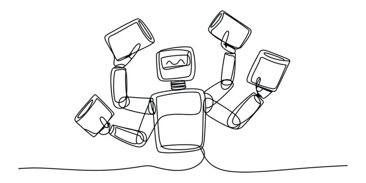 Continuous single line drawing of a multitasking robot holding four coffee cups with its mechanical arms showing modern technology and automation concept