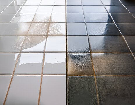 tile and grout cleaning comparison shot showing before and after results on a white tiled floor surface from eye level