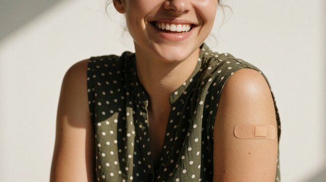 Smiling young woman shows band aid on shoulder after medical injection. Happy female patient receives vaccine shot for health protection. Portrait of healthy girl with plaster on arm after