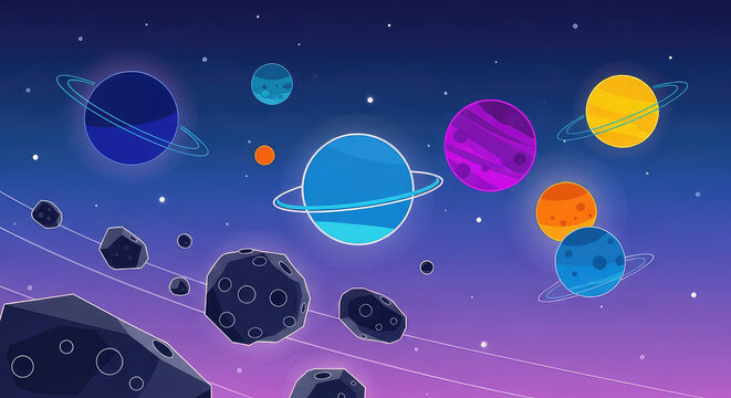 Flat vector illustration of planets and asteroids in outer space
