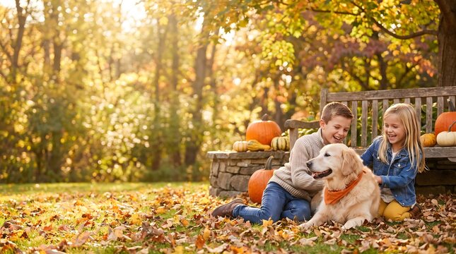 Zwei Gl&uuml;ckliche Kinder Streicheln Golden Retriever Hund im Herbstlich Dekorierten Garten Stock-Foto