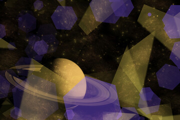 Surreal space background featuring planet Saturn with rings overlaid with translucent purple hexagons gold geometric shapes and sparkling stars ideal for sci fi banner poster or digital cover. © Tetiana