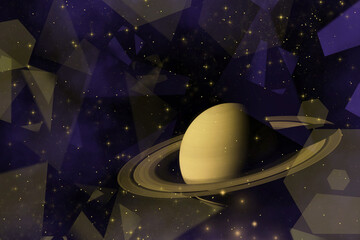 Surreal dark space background featuring planet Saturn with rings translucent purple polygons geometric shapes and sparkling stars ideal for sci fi banner astronomical poster or digital cover. © Tetiana