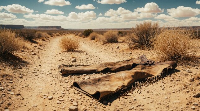 Old leather chaps lie on dusty desert trail. Vintage cowboy gear abandoned in dry wilderness near tumbleweed. Western outlaw clothing left on sandy ground under blue sky. Wild west theme with rustic