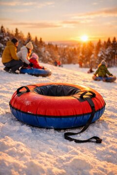 Family snow tubing on a sunlit hill background with inflatable tube for winter banner poster and outdoor recreation design