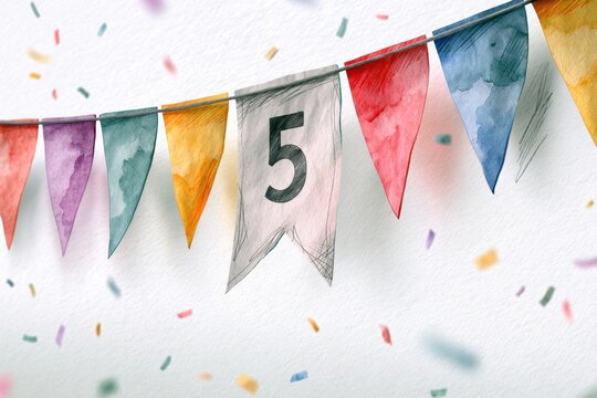 Vibrant festive pennant banners in multiple colors with a central flag displaying the number five surrounded by colorful confetti celebration elements