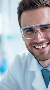 A scientist with a friendly smile, wearing a lab coat and glasses, sitting at a desk or in a laboratory