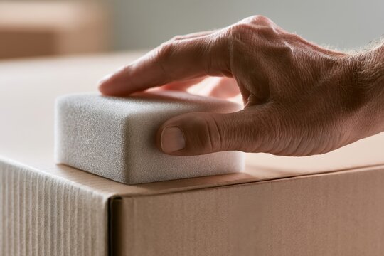 Person hand holding a white packing foam block to protect fragile items on a cardboard box corner during shipping or moving process