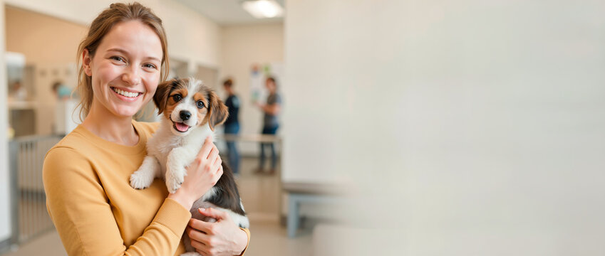 Smiling young woman holding an adopted puppy in an animal shelter. Happy female pet owner with a mixed breed dog in a veterinary clinic. Wide banner with copy space for text