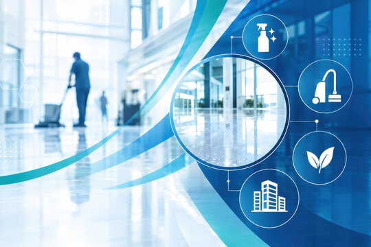 Modern Office Cleaner Using Buffer With Blue Graphic Interface Overlay