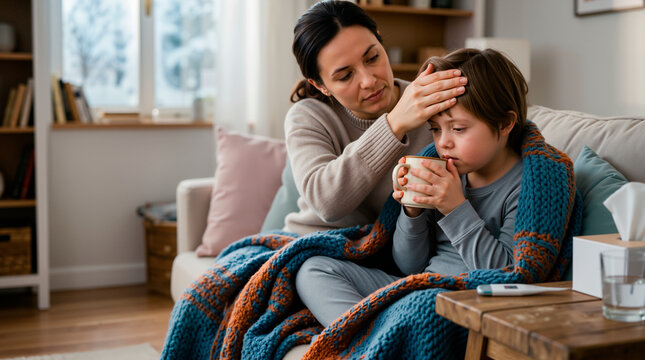 Mother checking sick child temperature with hand on forehead. Young boy with fever wrapped in blanket drinking from mug on sofa at home. Healthcare and parenting concept