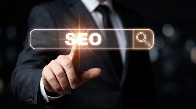 Businessman pointing at a digital search bar with SEO concept search engine optimization online strategy website ranking web search content strategy search results tech industry digital growth