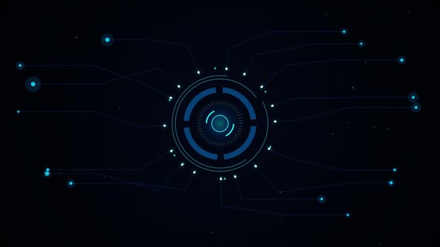 Futuristic digital network with glowing blue circuits and circular interface elements on black background