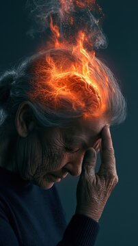 Elderly woman experiencing intense brain inflammation with fiery neural visualization symbolizing severe headache or neurological disorder symptoms