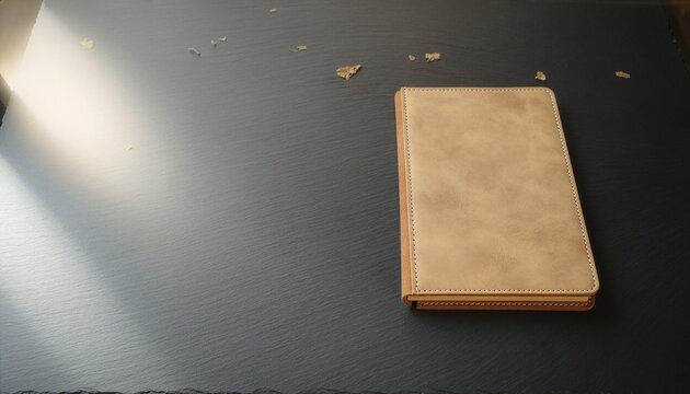 Blank leather menu folder mockup on dark slate table with copy space