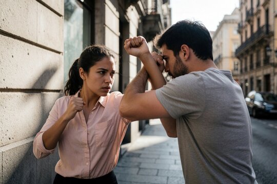 Determined young Latina woman uses Krav Maga skills to defend against male attacker on urban street. Female victim fights back against thief during robbery. Self defense technique protects woman from