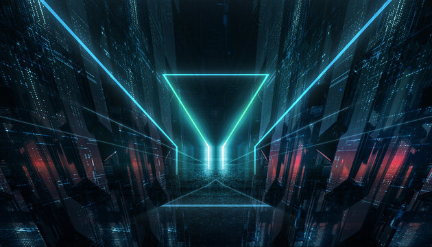 Abstract digital background with glowing blue neon geometric frame in matrix data corridor 3d render